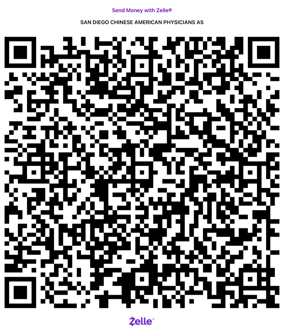Zelle donation QR code for San Diego Chinese American Physicians Association